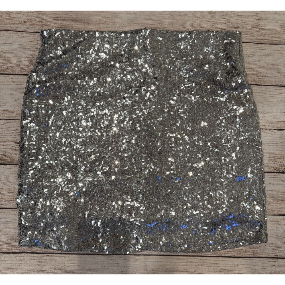Tipsy Elves Lined Silver Sequin Mini Skirt Holiday Elastic Zipper Waist  Size L